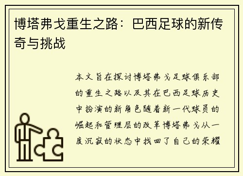 博塔弗戈重生之路：巴西足球的新传奇与挑战