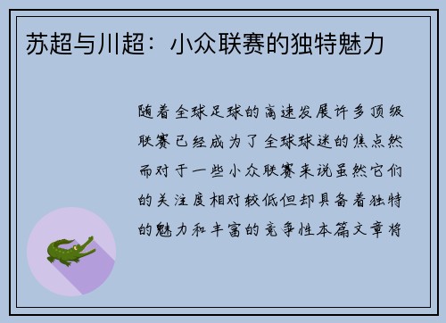 苏超与川超：小众联赛的独特魅力